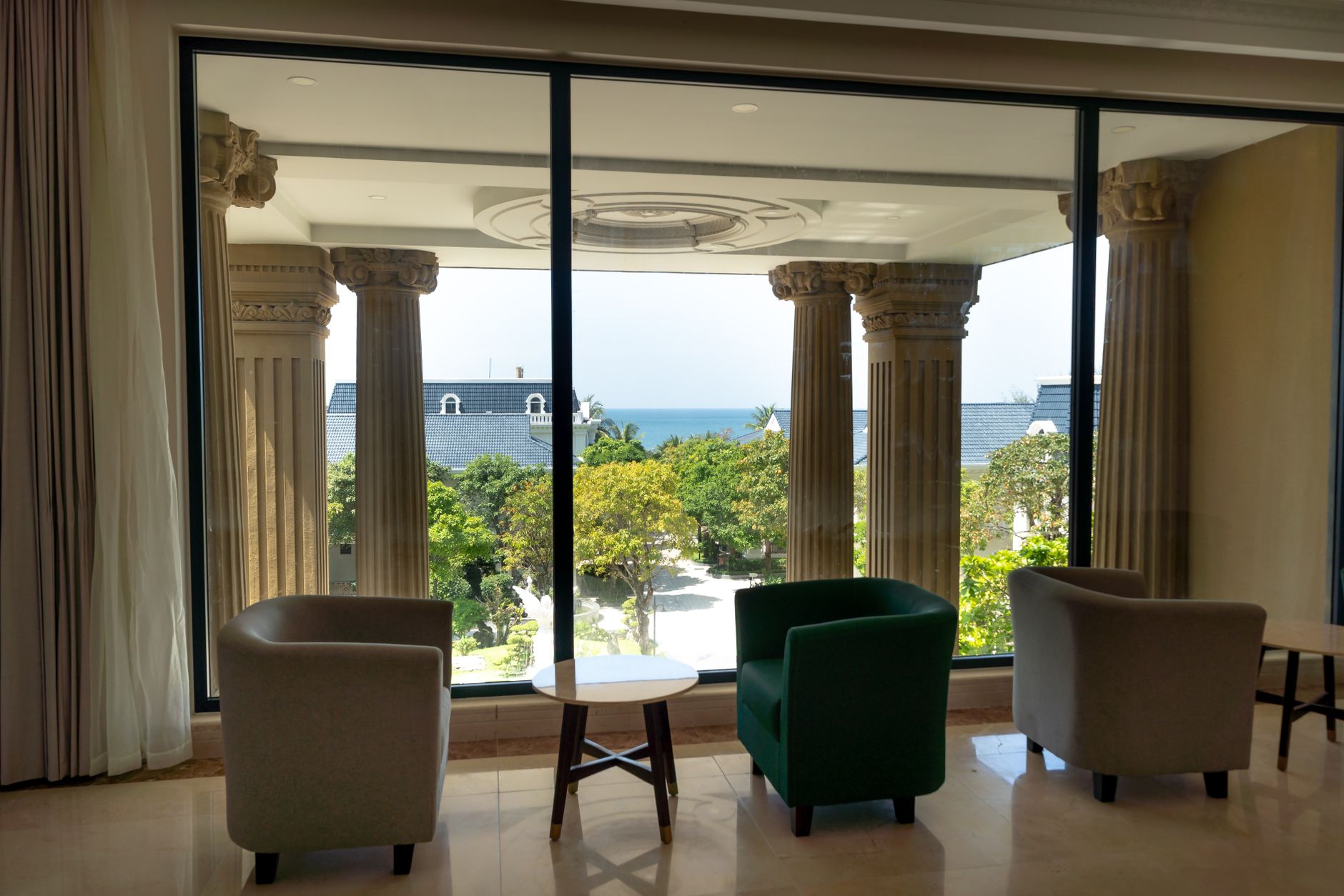 Luxury hotel lounge interior with scenic view